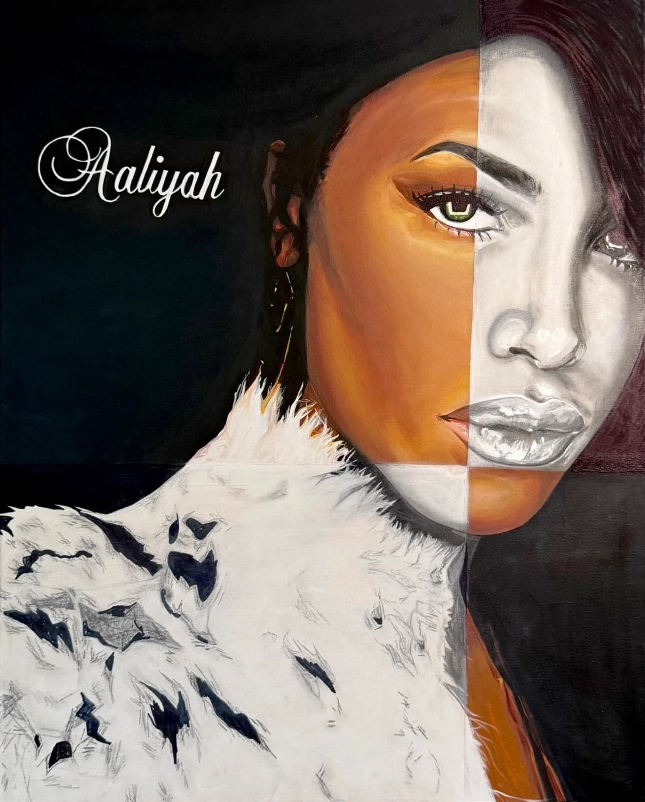 Portrait of Aaliyah divided between warm acrylic painting and a charcoal pencil drawing, with a white fur jacket.