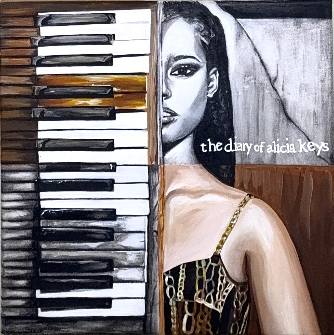 Artwork combining a portrait of Alicia Keys with piano keys and charcoal and warm painted sections.