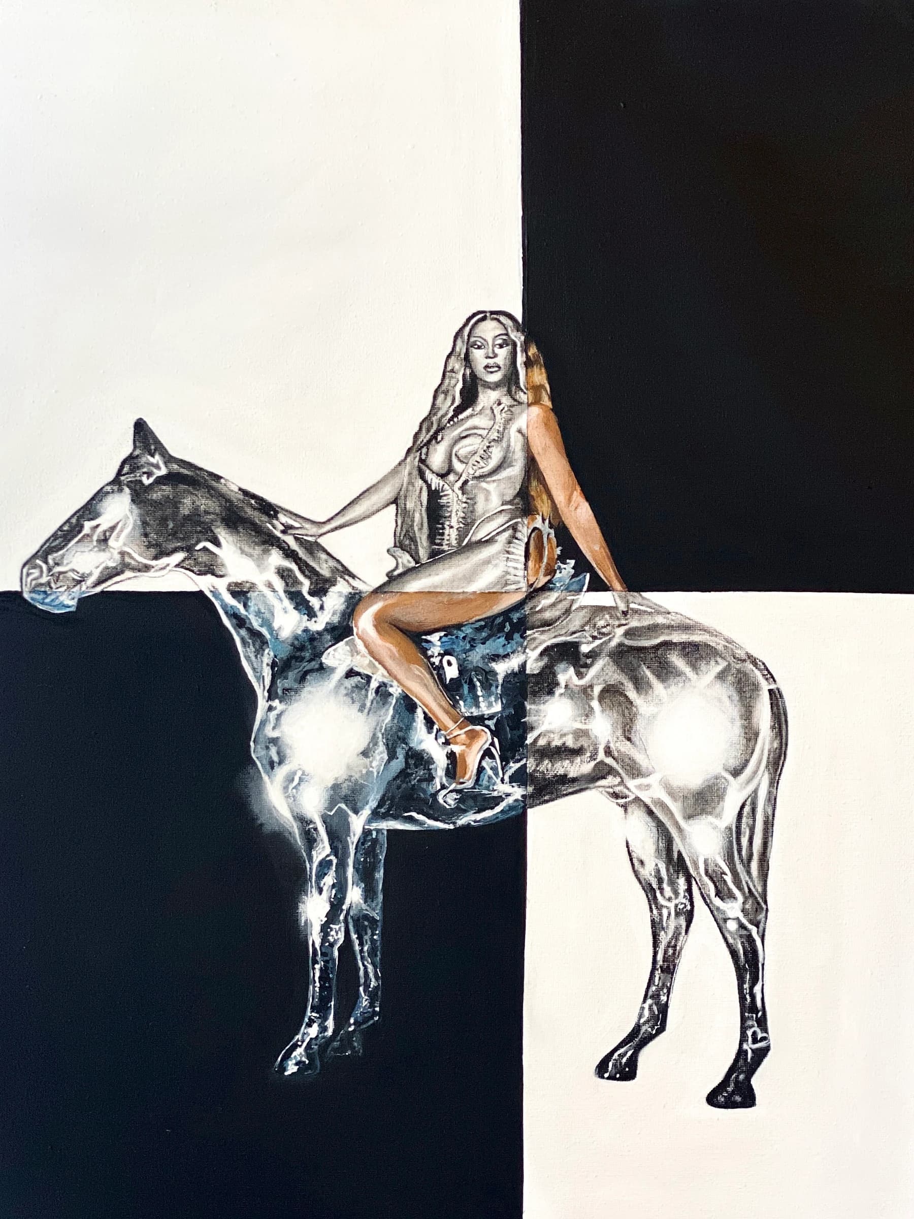 Artwork of Beyoncé riding a silver horse, divided into contrasting black, ivory, charcoal and painted sections.