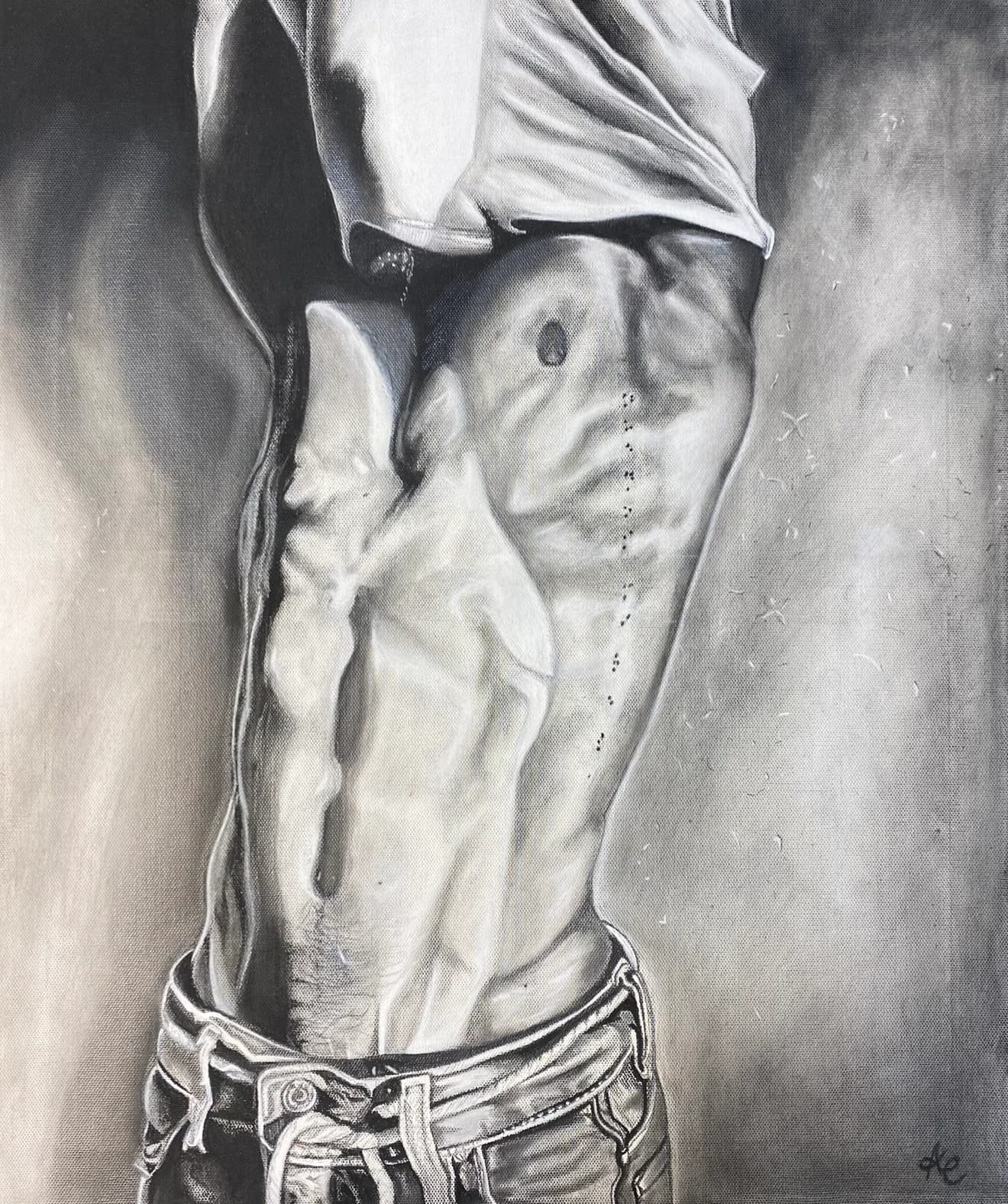Monochrome charcoal drawing of a torso in jeans with a raised shirt.